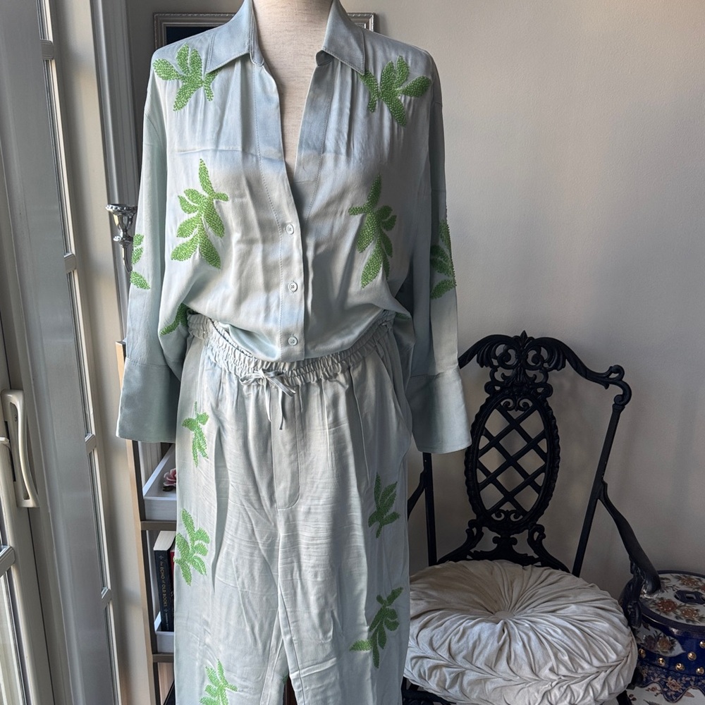 Zara Shirt and pants with Green beaded Leaf Design